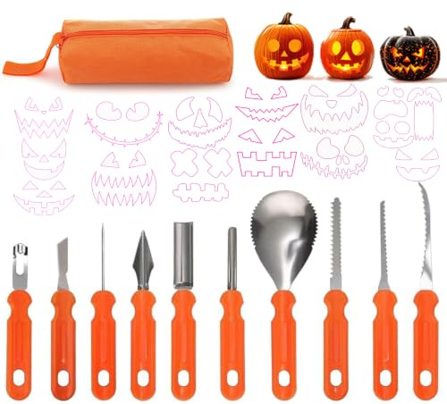 Halloween Kürbis Schnitzset, 10 Stück Professionelle Kürbis Schnitzwerkzeuge mit Tragetasche und 15 Schnitzvorlagen, Edelstahl Pumpkin Carving Knives FüR Kinder und Erwachsen