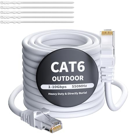 Mygatti 40 Metri CAT6 Cavo Ethernet per Esterno/Interno-bianco,cavo di rete Internet Gigabit,resistente,impermeabile,posa diretta,per fotocamera POE,cat 6 cavo patch LAN RJ45+25 fascette