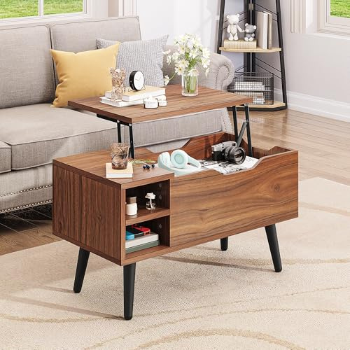 YITAHOME Tavolino da Caffè con Piano Sollevabile e Scomparto Nascosto, Ripiano Portaoggetti Regolabile, Sollevatore a Molla, Tavolino da Caffè con Spazio per Soggiorno, 80x40x61,5 cm, Rovere Rustico
