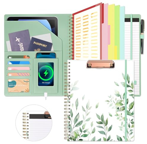 Ospelelf Clipboard with Storage, Leather Padfolio Portfolio Organizer 5 Folders with 10 Pockets, Spiral Clipboard Folio with Notepad for Letter Size, Elastic Closure and Pen Loop Green Plants