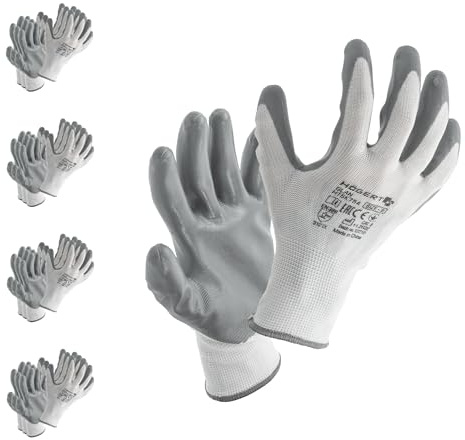 Högert Technik GLAN guantes de protección recubiertos de nitrilo, blanco/gris, talla 10, 12 pares/paquete, resistentes al desgarro y a la perforación, ecológicos, ideales para trabajos de precisión
