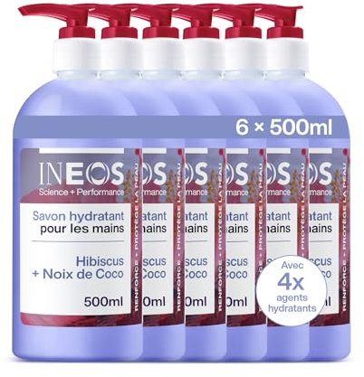 INEOS – Savon Main liquide - Hydratant – Hibiscus + Noix De Coco – 6 x 500ml