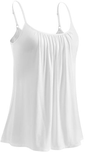 Ymmchy Camisole for Women Built in Bra Cami Top Pleated Loose Fit Vest Tops Adjustable Strap Tank Top White XXL