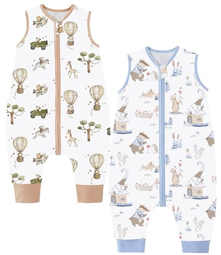 Chilsuessy 2-pack baby sovsäck sommar med fötter 0,5 tog 100 % bomull barn sommarsovsäck för pojkar och flickor, blå djur varmluftballong, 90 cm/baby höjd 100–110 cm