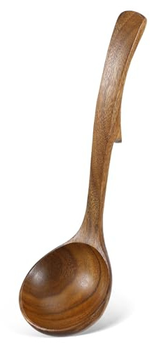 Cabilock Mestolo Da Zuppa in Legno Massello Gancio Salvaspazio, Cucchiaio Da Cucina Antiaderente Manico Lungo Ergonomico, Utensile Multiuso Per Mescolare e Servire, Per Uso Quotidiano in Cucina
