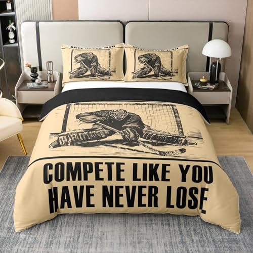 Homewish Coton Hockey sur Glace 200x200 Housse de Couette,Joueur de Hockey sur Glace Motivant Literie Set pour Enfants et Adolescents,Sports d'hiver Couvre Lit,Joueur de Ballon Parure de Lit,Beige