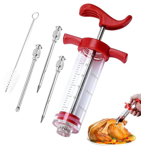 Kit de seringue à viande en plastique - 30 ml - Injecteur de marinade avec 3 aiguilles et 1 brosse pour infusion aromatique - Idéal pour volaille, bœuf, porc, etc