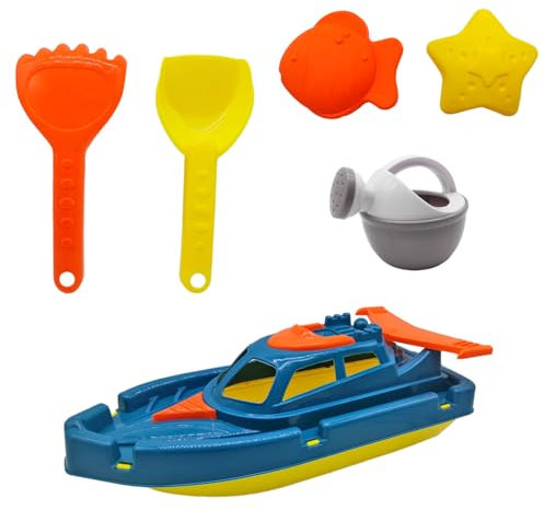 Acan Tradineur Bateau Jouet avec Pelle, Râteau, Mini Arrosoir et Moules, Plastique Résistant, Enfants, Jouer dans le Sable, Plage, Parc, 6 Pièces