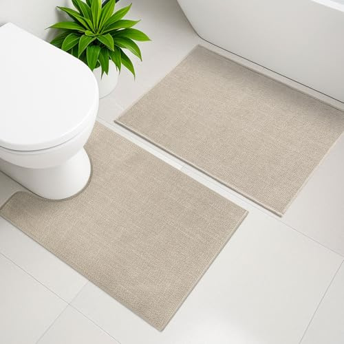 YIHOUSE Beige Bathroom Rug Sets 2 Piece, Bathroom Mat Quick Dry, Thin Bath Rug Set,Absorbent Bath Mat for Bathroom Non Slip Washable for Toilet and Floor(17.5x24U+17x24)