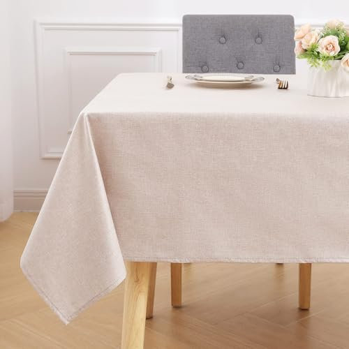 smiry Rectangular Table Cloth Wipe Clean 140x200 cm, Wipeable Water Resistant Linen Tablecloth, Fabric Washable Dining Table Cover for Kitchen Indoor Outdoor, Beige