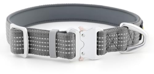 Plutus Reflekterande hundhalsband för husdjur med luftfartsaluminiumspänne, neoprenvadderad för komfort, lätt, slitstarkt nylonhalsband för valp små medelstora hundar (grå, M)
