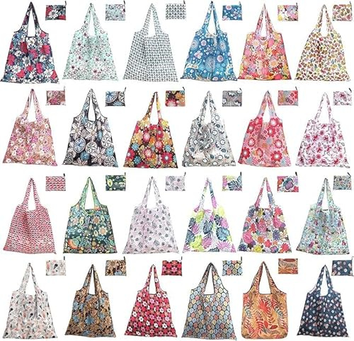 PQHIQ 24 Pack Shopping Bags Foldable With Pouch, Washable Polyester | Reusable Shopping Bags For Supermarket Travel Picnic, Heavy Duty Handles, Compact Grocery Storage