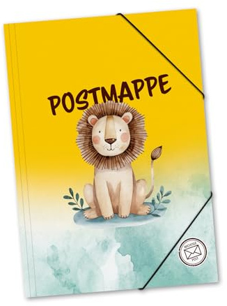 itenga Postmappe aus stabilem Kunststoff PP - Gummizugmappe mit Motivauswahl für Jungen DIN A4 mit Gummizugverschluss - Sammelmappe Eckspanner (Löwe)