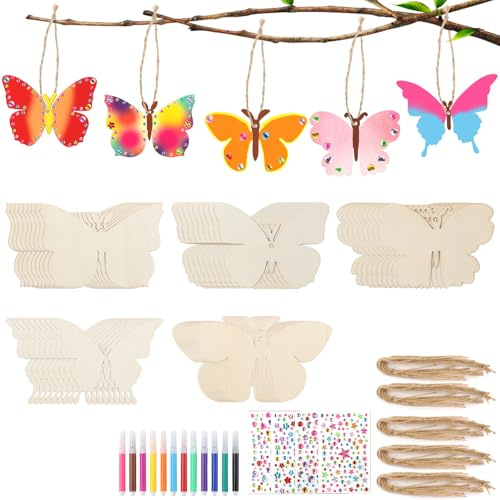 guobinZH 50 Stück Holzanhänger zum Bemalen DIY Holz Basteln Kind mit Schmetterling Bastelsets für Kinder mit Aquarellstift Edelsteinaufkleber für Jungen Mädchen ab 4-9 Jahre Malen Handwerk Deko