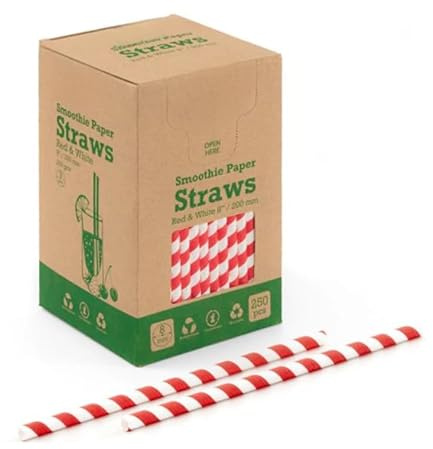 250 Pack Paper Smoothie Straws, Red and White Striped, 8mm x 200mm, Biodegradable, Compostable Glass Straws