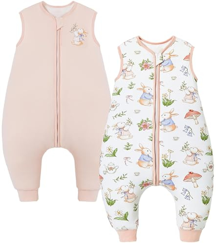 Chilsuessy Toddler Sleeping Bag with Feet 2pcs 2.5 Tog Baby Sleeping Sack with Legs Pyjamas Infant Walking Cotton Wearable Blankets, 2.5 Tog/Pink + Rabbit Garden, 80cm/2-3 Years
