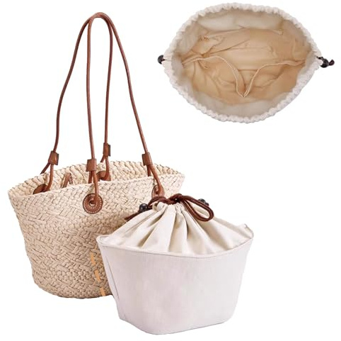 OAikor Premium Canvas Purse Organizer Insert for Loewe Anagram Basket Bag Insert - Drawstring Top Closure Design, Basket Bag Organizer Tote Insert with Zipper Pocket, Beige/Small