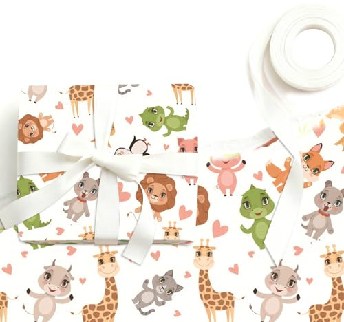ZhouWei 5 Pièces 70 x 50cm Feuilles Papier Emballage Cadeau, Motif Animaux papier cadeau avec 22 m Ruban Satin Geschenkpapier Kinder, pour Bébé Shower Naissance Anniversaire (Blanc)