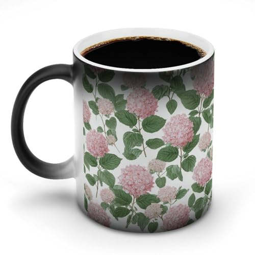 Jubonexis Cottagecore Light Pink Hydrangea Cluster Color Changing Mugs Heat Changing Ceramic Coffee Mug Novelty Funny Tea Water Cup 11OZ