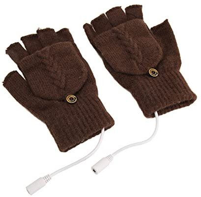 Masyrt Guantes térmicos USB con chip caliente de doble cara, medio dedo plegable hacia atrás, guantes de punto sin dedos de invierno, para oficina en casa (café)