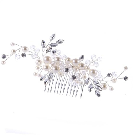 TOYZFRIENDY Peine de Novia de Cristal y Perlas Hecho Mano Accesorio Nupcial para Boda Adorno Elegante para Peinados Tocado Plateado para Mujeres y Niñas