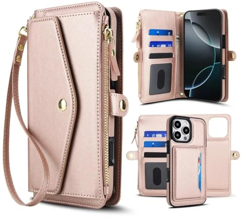 CIBOS Custodia magnetica per iPhone 16 Pro Max 16E 15 Plus 14 13 12 11 XS Max XR 7 8 SE 2020 2022, custodia a tracolla con portafoglio, rosa, per iPhone 13 mini