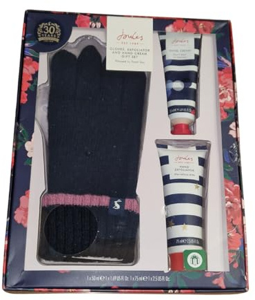 Joules-London Gloves, Exfoliator and Hand Cream Gift Set, Navy Knitted Gloves with Orange Blossom Fragrance, 50ml Hand Cream, 75ml Hand Exfoliator