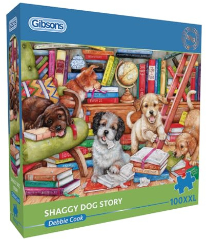 Gibsons Shaggy Dog Story 100XXL Piece Jigsaw Puzzle for Adults – Charming Puppies Animals Artwork by Debbie Cook – Extra Large Pieces – Premium Sustainable Puzzle Made in the UK/EU