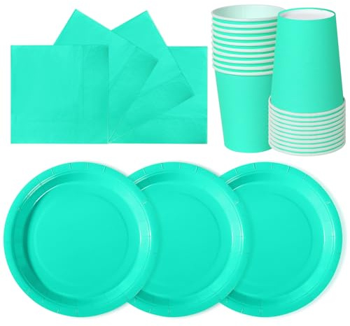hailstones 72 Stück Türkis Party Pappteller Set,Papiergeschirr Set,Geburtstag Party Geschirr Becher Serviette Pappteller für Babypartys, Geburtstag, Weihnachten Geburtstagsparty Deko-24 Gäste