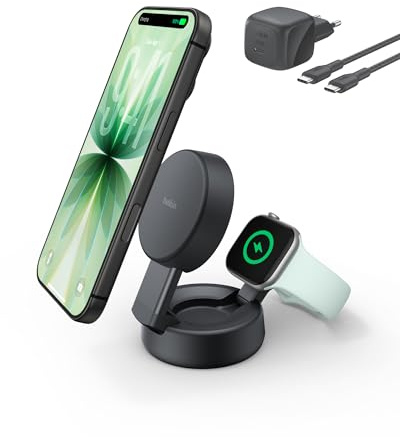 Belkin UltraCharge Pro 2-in-1 Qi2 Induktive Ladestation, 25W – Schwarz | Verstellbar, Qi2.2-zertifiziert, MagSafe Kompatibles Kabelloses Ladegerät für iPhone, Apple Watch, Ohrhörer, mit 45W Netzteil