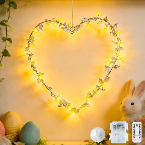 LED Lichterkranz Fenster, Frühlingsdeko Fensterbeleuchtung mit Timer, 8 Modi, LED Fensterlicht Herz Deko Lichterkette mit Saugnapf, Frühling Fensterdeko Beleuchtet Türkranz für Frühlingsdeko (Herz)