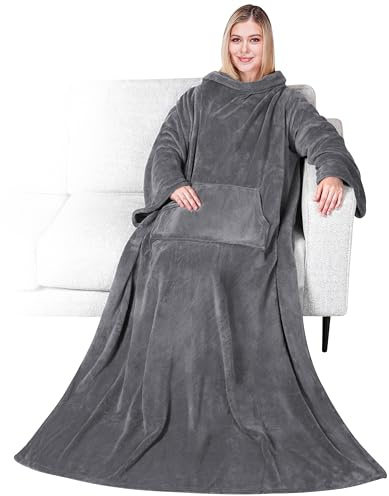Premium Fleece Blanket with Sleeves for Adult, Women, Men | Warm, Cozy, Extra Soft, Microplush, Functional, Lightweight Wearable Throw (Charcoal, Kangaroo Pocket)