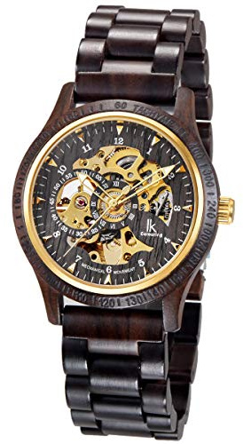 Alienwork Montre Automatique Homme Noir Bracelet en Bois Or Doree Squelette