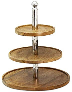 SWEET HOME Alzata per Dolci e Frutta in Legno 3 Piani con Colonna in Ottone Stile Martellata cod.AD11560NA cm 41,5h diam.35 by Varotto & Co.