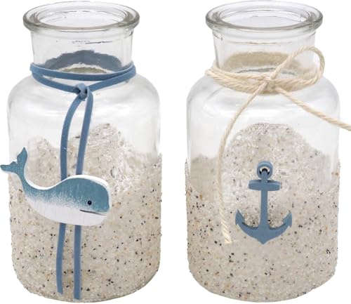 ZauberDeko 2 Vasen Blau Sand Wal Anker Tischdeko Maritime Deko Sommer Terrasse Balkon Bad