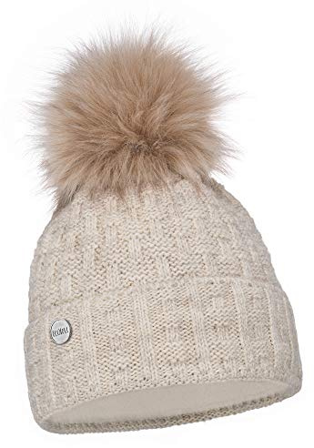 ELIMELI Damen Winter Mütze warme Strickmütze Wintermütze mit Bommel Slouch Strick Beanie Damen für Winter Bommelmütze Hergestellt in EU Farbenauswahl 16517 (Beige)