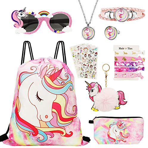 HIFOT 18PCS Einhorn Kordelzug Rucksack Schmuck Set für Mädchen, Geschenktütchen Partytüten Sonnenbrille Make-up Tasche Halskette Schlüsselanhänger Armband für Kinder Party Geburtstag