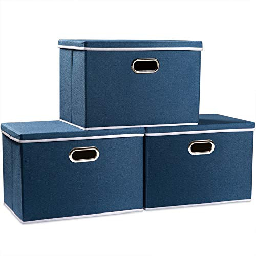 Prandom Caja de almacenamiento grande plegable con tapa[Paquete de 3],cajas almacenaje decorativas,Contenedor organizador de lino con asa,Azul real(43x30x30cm)