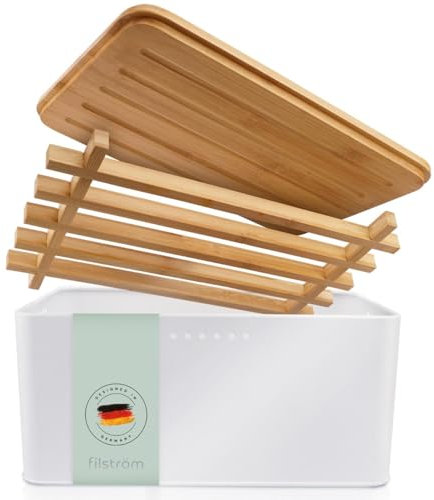 Filström® Brotkasten Metall weiß modern | Brotbox Küche inkl. Bambusgitter | Brotkasten mit Schneidebrett | ideale Rundum-Belüftung | Brotaufbewahrung | 33x21x15cm
