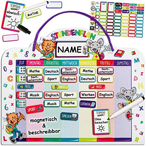 alles-meine.de GmbH Stundenplan - magnetisch + abwischbar - Wisch & Weg - Wochenplaner/Memoboard - lustige Katze & Maus - inkl. Name - mit Folienstift - incl. 75 Stück Magnetta..