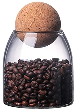 QUUPY Bocal en verre transparent avec boule en liège de 500 ml avec joint hermétique et couvercle en bois sphérique pour café, thé, biscuits, bonbons QUK03660