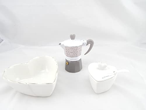 Digiglio Bomboniere Set Regalo 3 Pezzi: Caffettiera Zuccheriera Cuore e Ciotola Cuore Claraluna