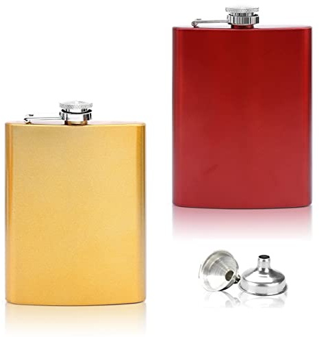 Flanacom 2x Edelstahl Flachmann mit Trichter im Set - 8oz. 227 ml - rostfrei - in Matt Gold & Rot - edles Militär Design - für Schnaps und Alkohol jeder Art (2er Set Gold & Rot)