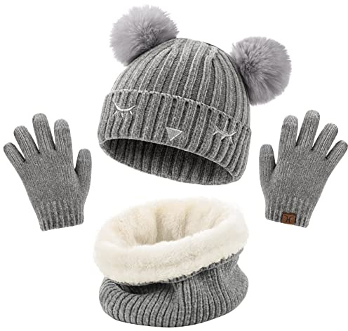 UMIPUBO Kids Warm Beanie Hat Scarf Gloves Set 3 in 1 Winter Thermal Knitted Hat Scarf Gloves Sets For Girls Boys Pom Pom Hats Neck Warmer Touchscreen Gloves For Children, 6-10 years (Grey, One Size)