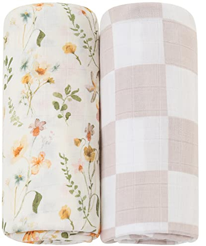 Lebze LifeTree Baby Pucktuch Musselin Tuch, 2 Stück 120x120cm Musselin Swaddle Decke Baby Bambus Baumwolle Swaddle Wrap für Junge und Mädchen, Blumen & Kariert