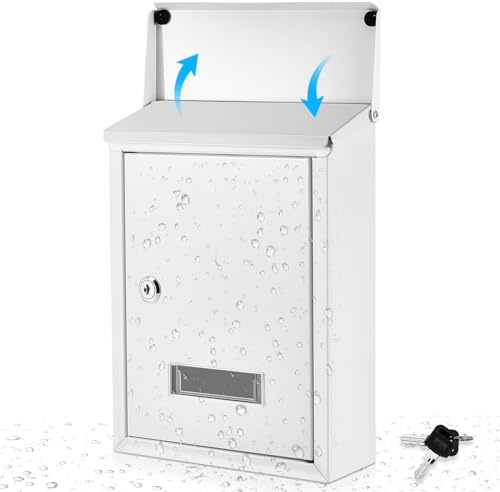 Amylove Weatherproof Mail Boxes with Key Lock, Security Locking Wall Mount Metal Mailbox with Slot for Outside, Large Capacity for Mail, Packages, Donations, Voting 11.8 H x 8.3 L x 2.8 W, White