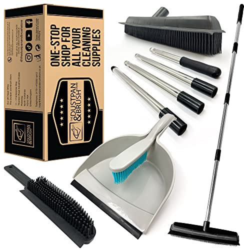 Rubber Broom and Dustpan Set with 4 Section Stainless Steel Broom Handle and Handheld Rubber Brush - The Perfect Rubber Brush for Floors, Pet Hair and for Carpet