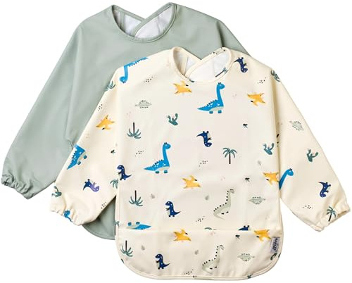 BABATÉ Kids - Bavaglino manica lunga impermeabile 2 unità, Bavaglini con maniche, Bavaglini impermeabili neonato, Bavaglini maniche lunghe, Grembiule bambino manica Dinosauri Verdi