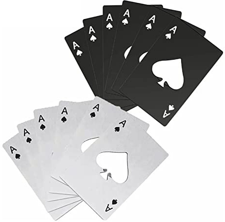 12 Pezzi Apribottiglie Poker, Asso di Picche Apribottiglie Piatto Birra in Acciaio Inox, Dimensione Carta di Credito, Design Asso di Picche con Carte da Poker, Nero & Argento