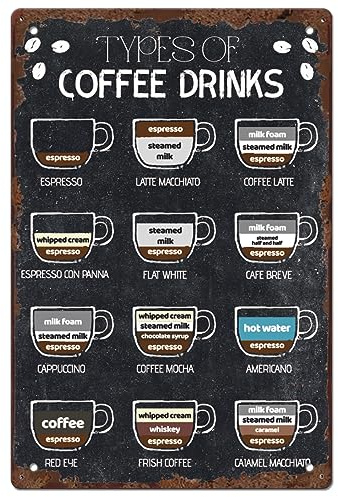SUPERDANT Coffee Menu Metal Signs Types Of Coffee Tin Sign Kitchen Funny Signs and Plaque Vintage Wall Poster for Kitchen Bar Pub Home Man Cave Gift